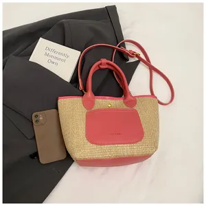 Chic straw woven crossbody bag for women, stylish pink leather patch bucket bag casual.