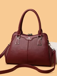 Women fashion wine red PU leather top handle handbag solid color casual crossbody bag.