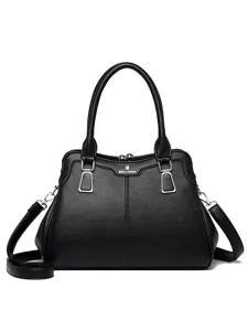 Stylish women's solid color PU leather top-handle handbag with adjustable shoulder strap.