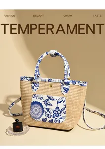 Stylish straw woven shoulder bag with blue and white floral print detailing for women daily.