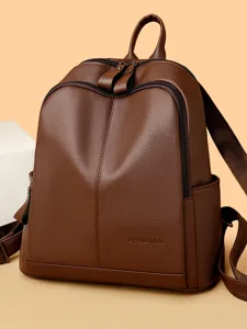 Stylish brown litchi pattern soft leather backpack for women, large capacity travel bag.
