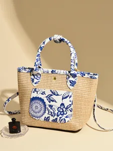 Women's Straw Woven Bucket Bag Commuter Casual Shoulder Crossbody Handbag With Printed Details