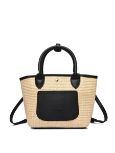 Stylish straw woven bucket bag with black leather trim, perfect for daily commute and casual use.