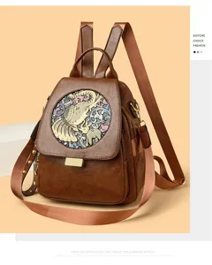 Stylish embossed leather backpack for women, multi-functional large capacity travel and daily bag.