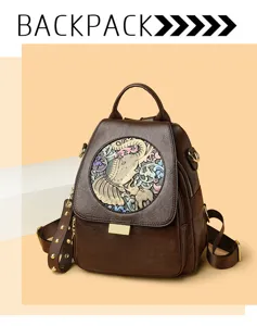 Genuine leather embossed elephant pattern backpack, detail view of vintage brown school bag.
