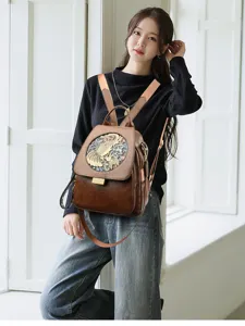 Women vintage leather embossed backpack stylish multi-functional casual daypack for travel work