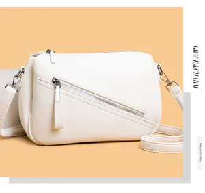 White PU leather soft crossbody bag for women, casual single shoulder bag with zipper.