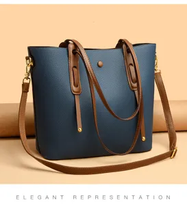 Elegant large capacity women tote bag casual shoulder cross body bag blue PU leather