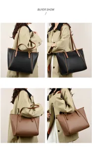 Women large capacity commuting tote bag, stylish leather shoulder bag in black and brown.