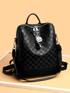 Mochila Casual de Cuero PU para Mujer Empalme de Cuadros Antirrobo Viaje Diario Elegante Bolsa Escolar Con Colgante