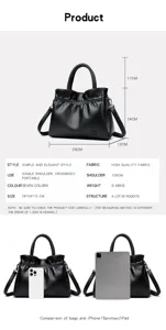 Black leather bucket shoulder bag specification diagram with size chart and multi pockets.