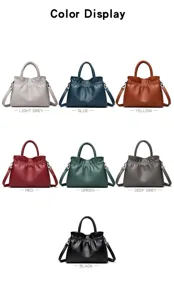 Color display of high-quality pleated drawstring hobo handbag, tote and shoulder bag options.