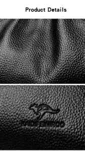 Leather handbag detail showing premium black texture and embossed brand logo craftsmanship.