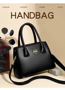Stylish black leather women handbag, elegant tote bag with top handle and strap for daily work.
