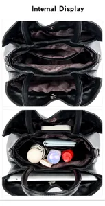 Detailed interior view of black leather tote bag with multi-compartment storage design.