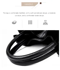 Black leather handbag handle detail, soft texture and delicate sewing craftsmanship.