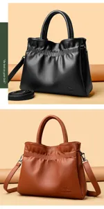 Detailed view of the stylish leather bucket handbag with shoulder strap and drawstring design.