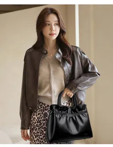Black ruched drawstring handbag tote bag, stylish underarm shoulder bag for women daily commute.