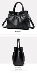 Black leather bucket handbag, chic tote shoulder bag with top handle and crossbody strap.