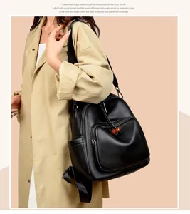 Detail view of the stylish soft leather anti-theft backpack, showing large capacity and straps.