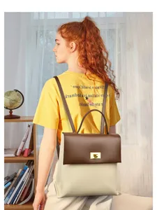 Stylish women's minimalist backpack with contrasting flap and top handle for daily wear.