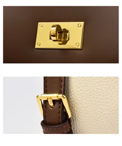 Close up of women bag gold tone turn lock closure and leather buckle strap detail