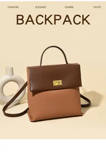 Stylish women two-tone backpack detail view, premium leather texture with golden turn-lock.