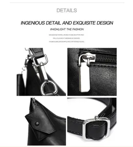 Detailed view of minimalist women shoulder crossbody bag with metal hardware and mini pouch.