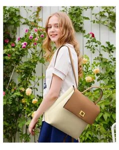 Chic minimalist women's backpack handbag, PU leather, stylish contrast color daily bag.
