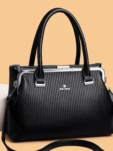 Women Large Capacity PU Leather Handbag Vintage Metal Frame Crossbody Bag Stylish Commuter Shoulder Bag