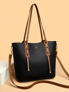 Large capacity women tote bag black PU leather shoulder bag with brown straps daily use.