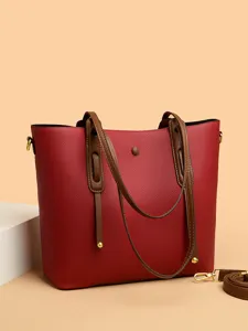 Large capacity red tote bag for women, stylish minimalist shoulder bag with brown straps.