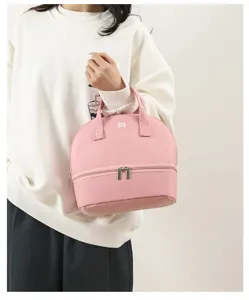 Pink double layer insulated lunch bag portable cooler bag for breast milk storage and food.