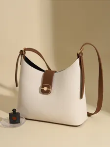 Women Fashion PU Leather Bucket Bag Minimalist Contrast Color Large Capacity Commuter Shoulder Bag Casual Crossbody Bag