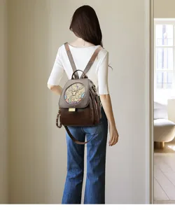 Women vintage leather embossed backpack casual travel daypack large capacity bag