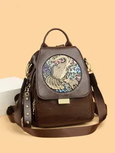 Vintage embossed leather women backpack, versatile large capacity travel commuting school bag.