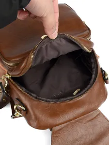 Brown leather texture women backpack large capacity travel commute casual stylish school bag