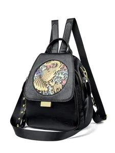 Women's embossed leather backpack, large capacity multifunctional travel and commuting school bag.