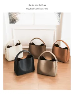 Detailed multi-color soft leather bucket handbags display, showcasing versatile daily style options.