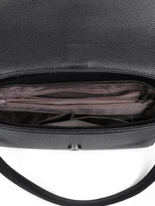 Black leather women's shoulder bag with multi-layer zipper compartments and stylish design.