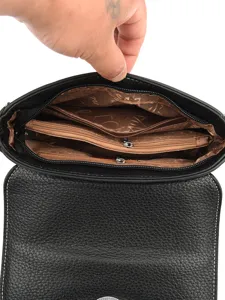 Classic black leather crossbody bag with multi compartments for women daily casual use.