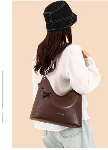 Brown PU leather hobo shoulder bag for women, large capacity stylish casual tote commuting.