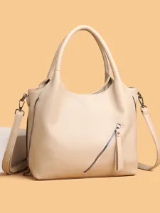 Large capacity soft leather tote bag for women, minimalist solid color shoulder bag.