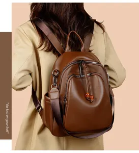 Women soft leather backpack casual anti-theft shoulder bag daily travel large capacity daypack