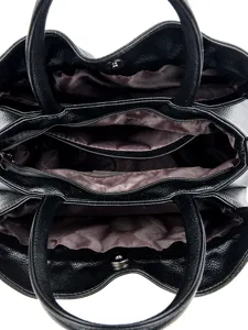 Black multi-compartment tote bag, stylish large capacity shoulder handbag for daily commuting.