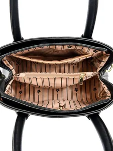 Black PU leather tote bag with large capacity, commuter handbag with structured inner lining.