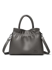 Gray leather hobo shoulder bag with top handle and drawstring design for women daily use