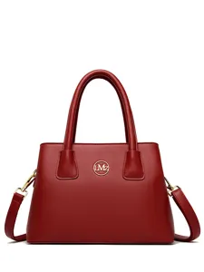 Red women's leather tote bag, large capacity business commuting handbag with top handle.