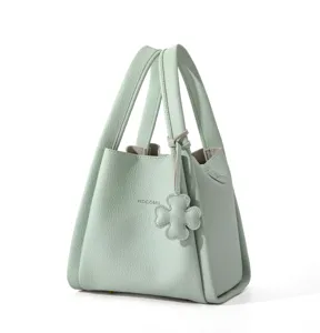 Light green leather bucket bag chic minimalist tote handbag with clover charm for women