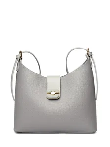 Stylish grey leather shoulder bucket bag for women, elegant commuter handbag with metal lock
